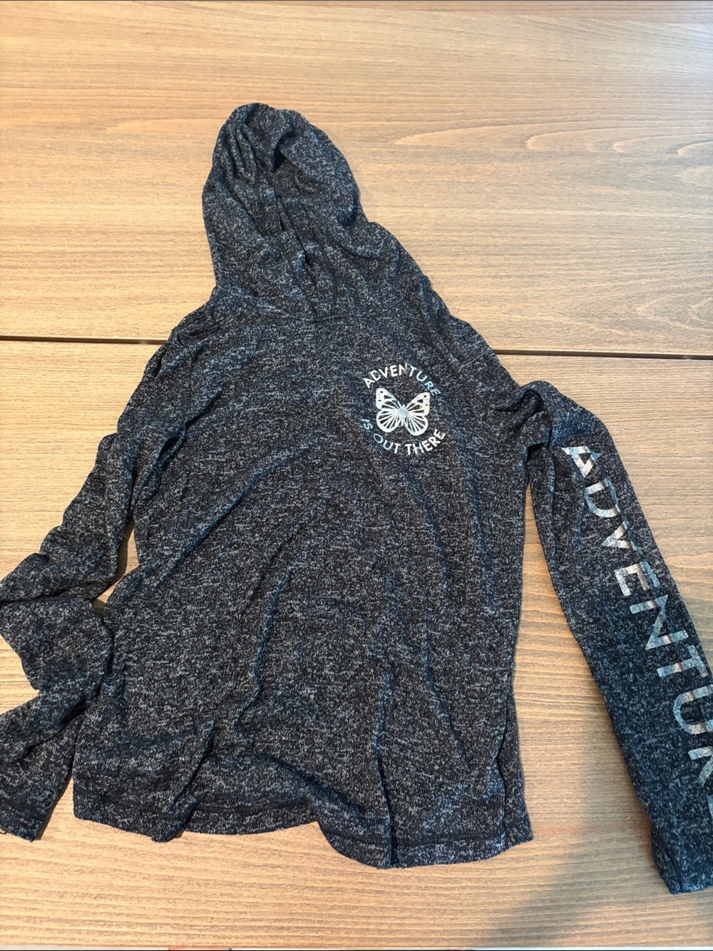 Girls  Black Heather ‘Adventure’ Hooded Pullover Sweater with thumb holes